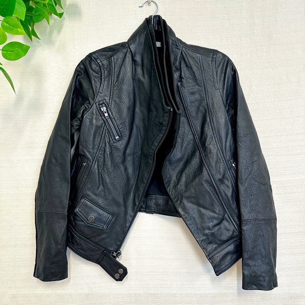 Vince Black Leather Moto Jacket with High Collar